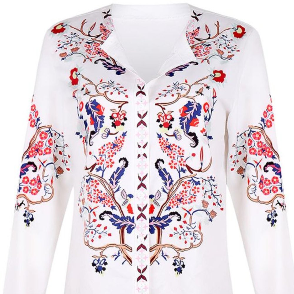 Loose, White, with Floral Patterned, Button-Up Puff Sleeve Shirt